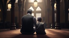 Back View Of Muslim Father And Son Praying Together In The Mosque 