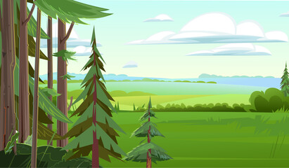 Wall Mural - edge of coniferous forest. scenery landscape. fun cartoon style. vector