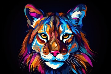 Wall Mural - Animal bobcat drawn in abstract colorful vector style. Isolated on black background. T-shirt, mug print pattern, Generative AI