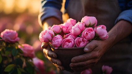 A farmer holding a rose with a flower garden in the background.