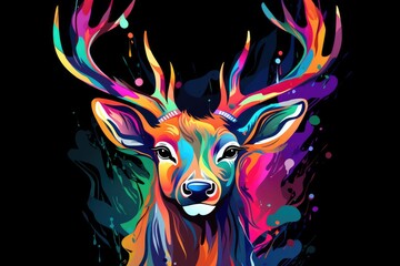 Wall Mural - Animal deer drawn in abstract colorful vector style. Isolated on black background. T-shirt, mug print pattern, Generative AI