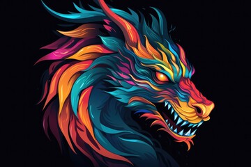 Wall Mural - Animal dragon drawn in abstract colorful vector style. Isolated on black background. T-shirt, mug print pattern, Generative AI