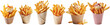 Collection of fries with sauce in different cones