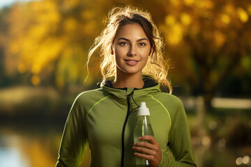 Poster - Beautiful woman exercises outdoor with a headphone and water bottle, healthy life concept