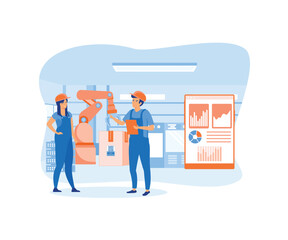 Wall Mural - Smart Factory and working person using wireless technology to control. flat vector modern illustration 