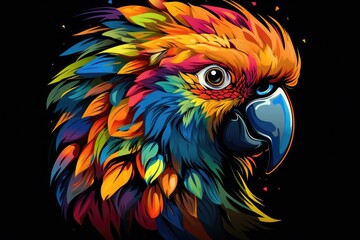 Wall Mural - Animal parrot drawn in abstract colorful vector style. Isolated on black background. T-shirt, mug print pattern, Generative AI