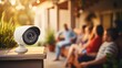 Modern Wi-Fi security cameras mounted on home walls By facing the camera In the background, there is a family sitting on a sofa in the blurred background.