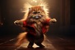 funny cute fluffy red cat in red shirt performing a dancing routine on stage or a dance floor under professional concert or studio lighting