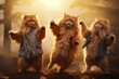 three funny cute fluffy red cats performing a dancing routine on stage or a dance floor under professional concert or studio lighting