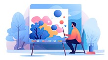 Minimalist UI Illustration Of An Artist Painting A Canvas In A Flat Illustration Style On A White Background