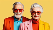 Minimalist Art: Fashionable Senior Couple In Bright Colors
