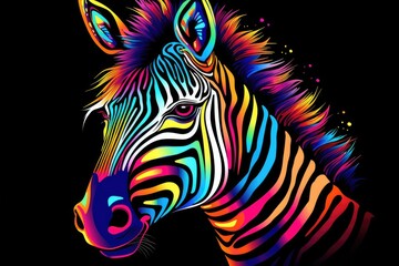 Canvas Print - Animal zebra drawn in abstract colorful vector style. Isolated on black background. T-shirt, mug print pattern, Generative AI