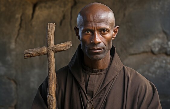 In front of the ancient walls stands a monk with a wooden cross..