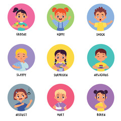 Sticker - Kids Emotion with Boy and Girl Character in Round Shape Show Face Expression Vector Set