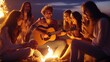 A group of young people have fun sitting by the fire on the beach at night, playing guitar and singing.