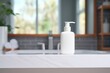 Soap dispenser with shampoo and towel on defocused bathroom background