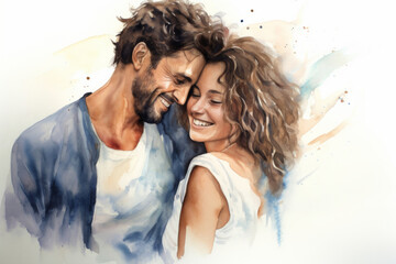 Young, couple and watercolour portrait illustration on a white background for drawing, happiness and contentment. Happy, beautiful and colourful sketch for valentines gift and card design artwork