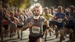 © Zahid - A 60-year-old blonde man participating in the marathon finishes among the crowd of runners with his fit and energetic form