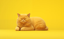 Creative Animal Concept, Relaxed Sleeping Yellow Cat Over Yellow Pastel Bright Background.