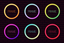 Set Of Vector Neon Frames. Illumination In Blue, Yellow, Red, Green And Purple Colors. Glowing Neon Circles In Futurist Style
