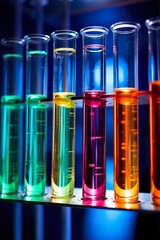 photo of a rack of glass test tubes containing various colored chemical solutions in a bright labora