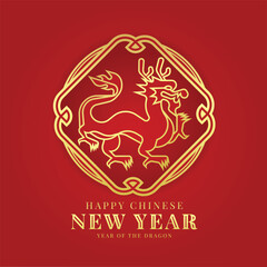 Happy Chinese New Year Text Gold line china dragon in china frame sign on red background vector design