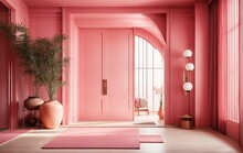 Entrance Hall Of This Modern Pink Interior Design Is Inspired By Japanese Style. The Door Adds A Touch Of Elegance To The Overall Aesthetic