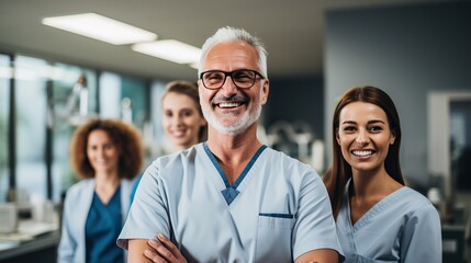 Wall Mural - A team of dentists poses in a modern large dental practice.