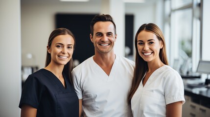 A team of dentists poses in a modern large dental practice.