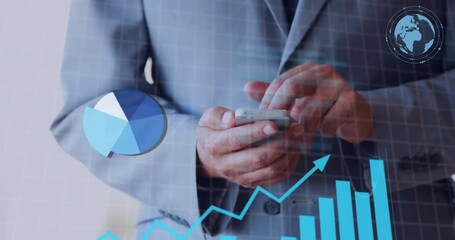 Poster - Animation of financial data processing over caucasian businessman using smartphone