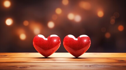 Two adorable hearts, in red stand out beautifully against a blurry bokeh background of pink hues. This image exudes love and warmth