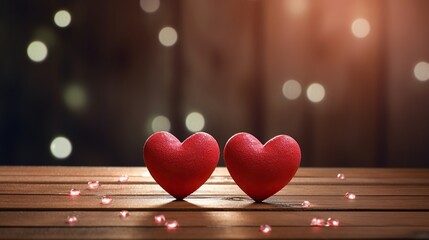 Canvas Print - Two adorable hearts, in red stand out beautifully against a blurry bokeh background of pink hues. This image exudes love and warmth