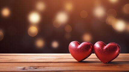 Canvas Print - Two adorable hearts, in red stand out beautifully against a blurry bokeh background of pink hues. This image exudes love and warmth