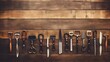 Vintage barber shop tools on wood background with place for text