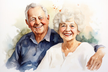 Senior, couple and watercolour portrait illustration on a white background for drawing, love and bonding. Happy, colourful and sketch for elderly man, woman and creative gift and card design artwork