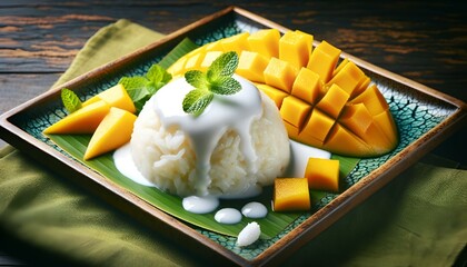 Wall Mural - AI generated illustration of rice served with fresh mango on a tray