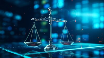 Digital Law: Scales Symbolizing Judiciary & Justice Amid Data Center Background - Generative Concept
