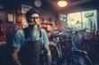 Bearded man in bicycle service market. Mechanic expert in repairing and maintenance cycle store. Generate ai
