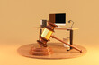 giant judge hammer standing in front of modern pc internet workspace on desk; infinite background; 3D rendering