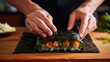 Skillful Sushi Chef Showcases Precision and Artistry in Rolling Nori Seaweed Delicacies