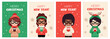 A set of Christmas cards. Cute girls drinking drinks from glasses. Winter sweaters. Flat, cartoon vector