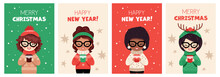 A Set Of Christmas Cards. Cute Girls Drinking Drinks From Glasses. Winter Sweaters. Flat, Cartoon Vector