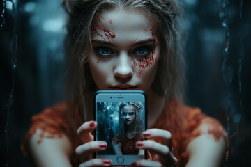 Fototapeta a beautiful girl with bloody cuts on the face is holding a phone with a scary photo on the screen . blond pretty female with light skin and red nails is looking directly at the camera