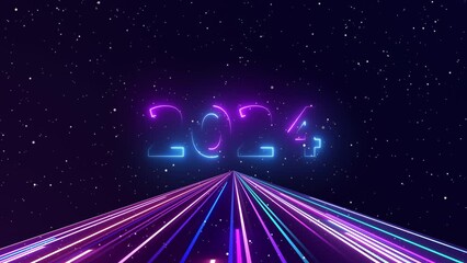 Wall Mural - neon 2024 happy new year of traveling through star fields colorful light glowing. space nebula movin
