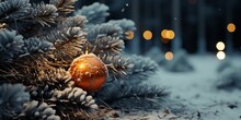A Wide-format Abstract Background Image For Creative Content, Showcasing Snow-covered Fir Branches With A Red Bauble Hanging, Enhanced By A Shallow Depth Of Field. Photorealistic Illustration