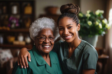 Senior care, hug and portrait of nurse with patient for medical help, healthcare or physiotherapy. Charity, volunteer caregiver and face of black woman at nursing home for disability rehabilitation