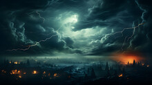 Black Dark Greenish Blue Dramatic Night Sky Above The City. Cinematic Nightscape With Dramatic And Majestic Thunderstorm Clouds Over Grass Plains.
Ai