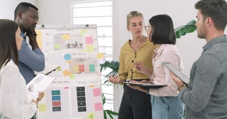 Sticker - Creative business people, whiteboard and planning in design for brainstorming ideas or teamwork at office. Group of employees in meeting, team discussion or collaboration for startup at workplace