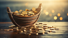 Boat Being Lifted From The Water By A Tide Of Coins, Symbolizing A Boat Loan