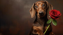 A Cute Dachshund With A Rose For Valentine’s Day, Mother’s Day. Copy Space